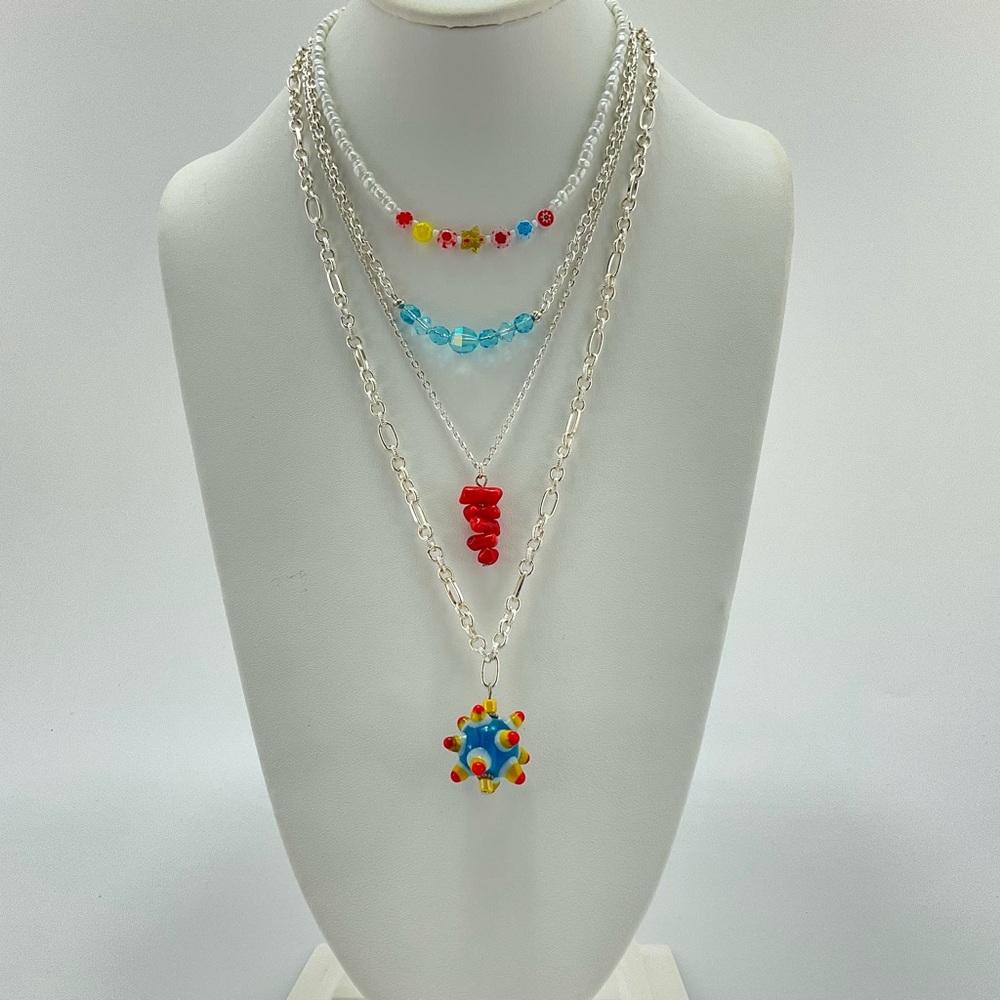 Colorful Layering Necklaces, Handmade, Set of 4, Art Glass Beads, Crystals - Picture 3 of 11
